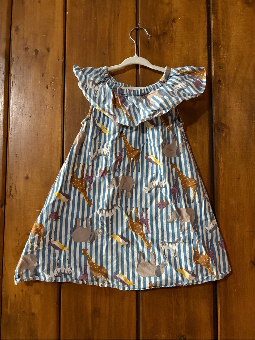 Pink Chicken Blue and White Striped Animal Print Ruffle Dress
